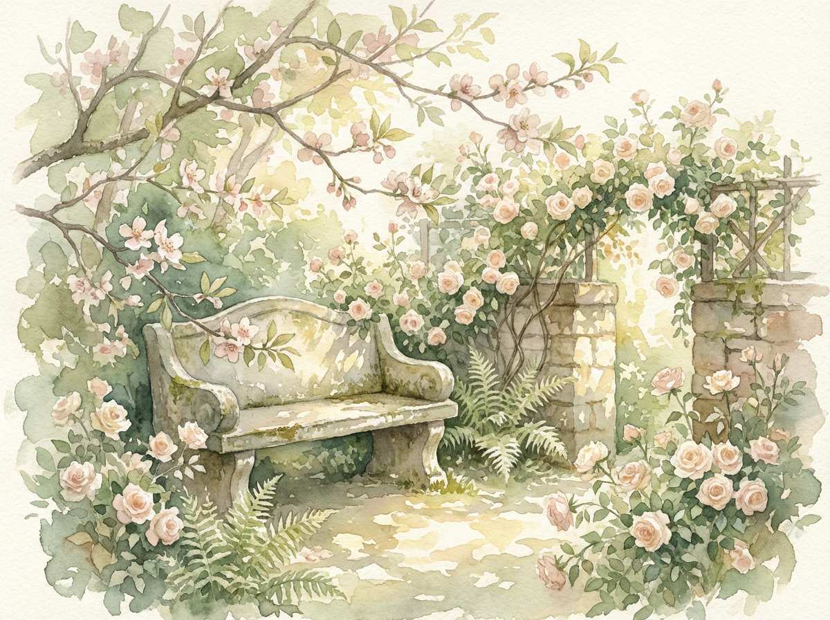 Quiet garden bench in watercolor style with soft spring colors